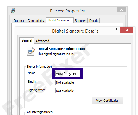 Screenshot of the Viewfinity Inc. certificate